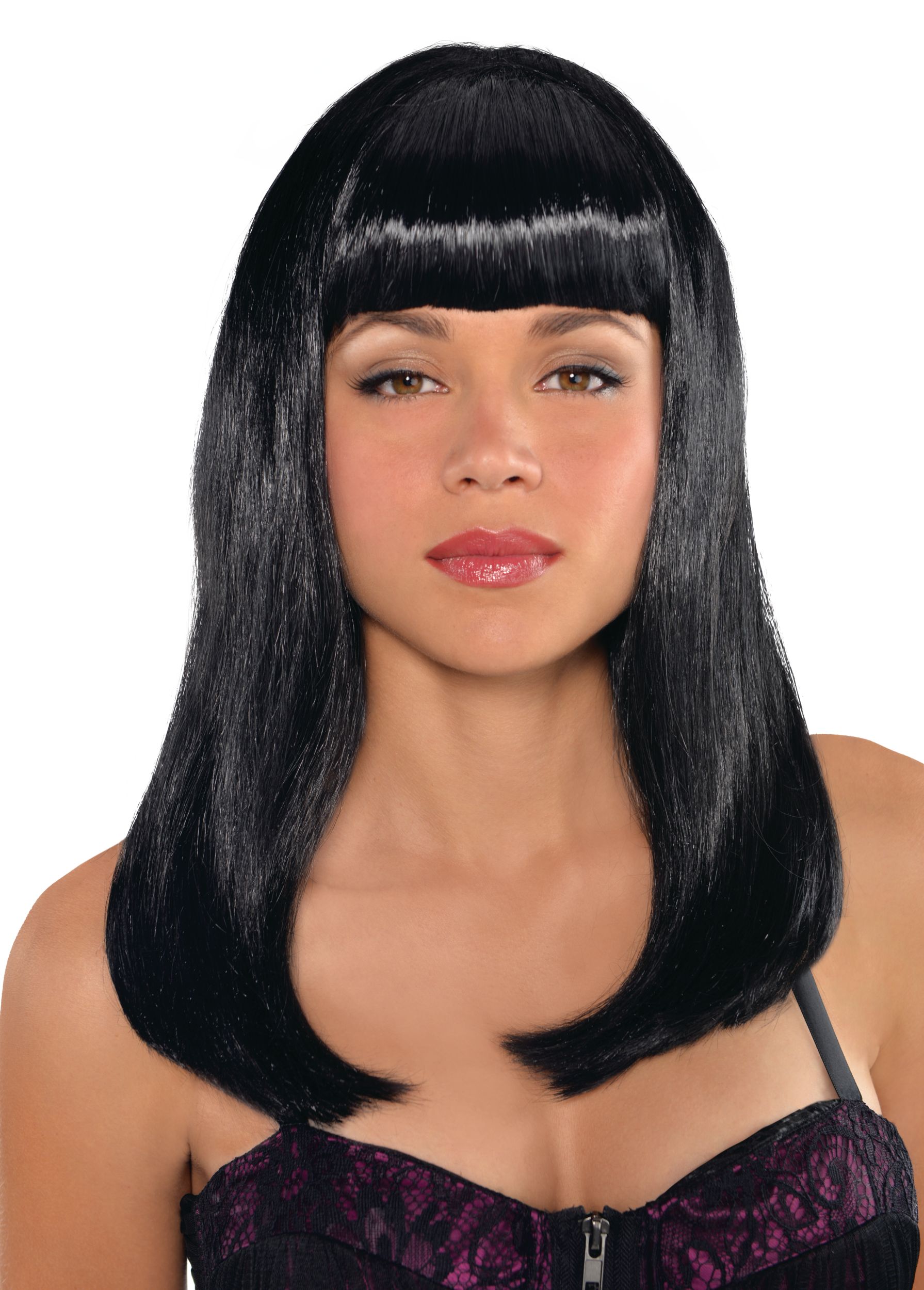 Long Wavy Hair Wig with Bangs Black One Size Wearable Costume