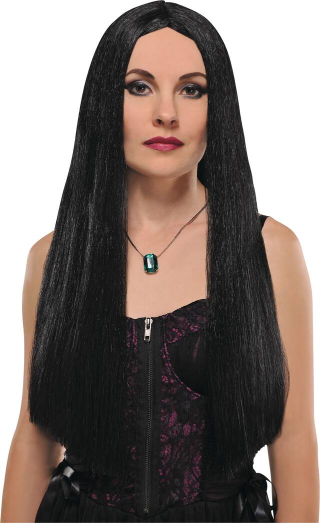 Witch Long Straight Hair Wig, Black, One Size, Wearable Costume Accessory for Halloween Front_Flat