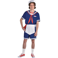 Costume Stranger Things Steve Scoops Ahoy, hommes, uniforme de marin rayé bleu, tailles variées Front_Flat