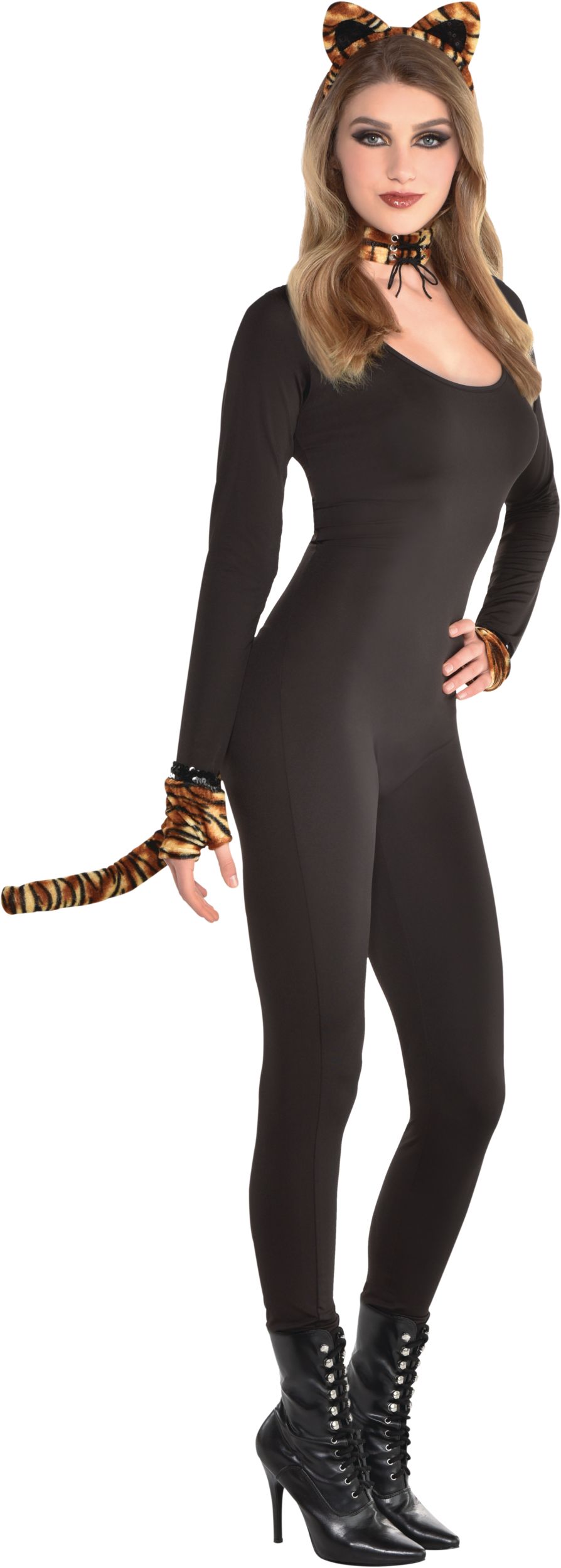 Accessoires de tigresse avec serre-tête, queue, collier ras-du-cou et gants sans doigts, rayures brunes/noires, taille unique, paq. 4, accessoires de costume à porter pour l'Halloween Composite_or_Mixed