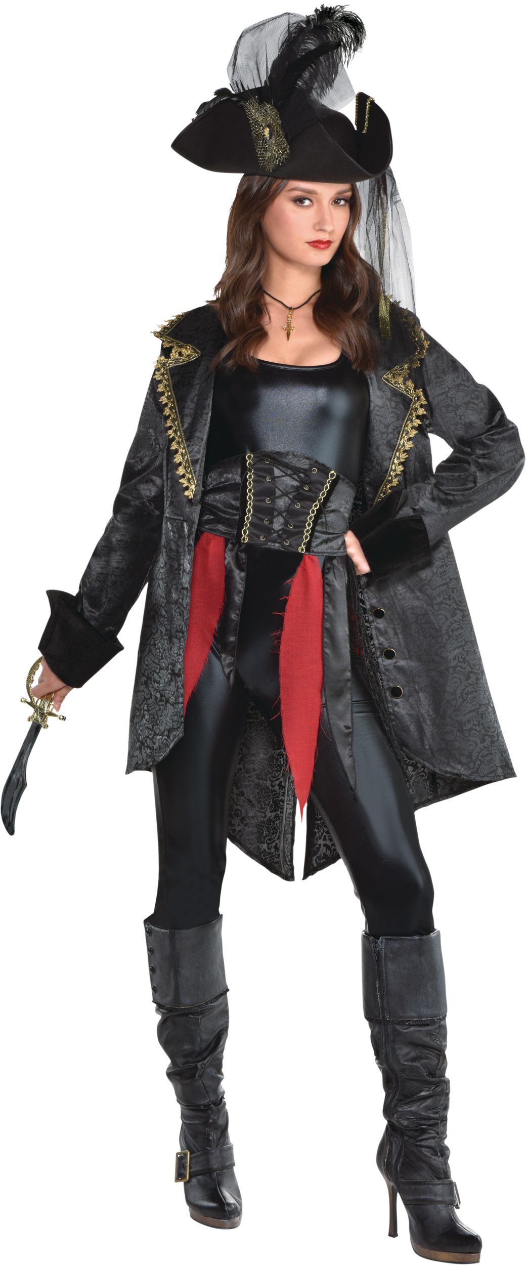 Tricorn Couture Pirate Hat with feather for Halloween Party, Black, Adult, One Size Front_Flat