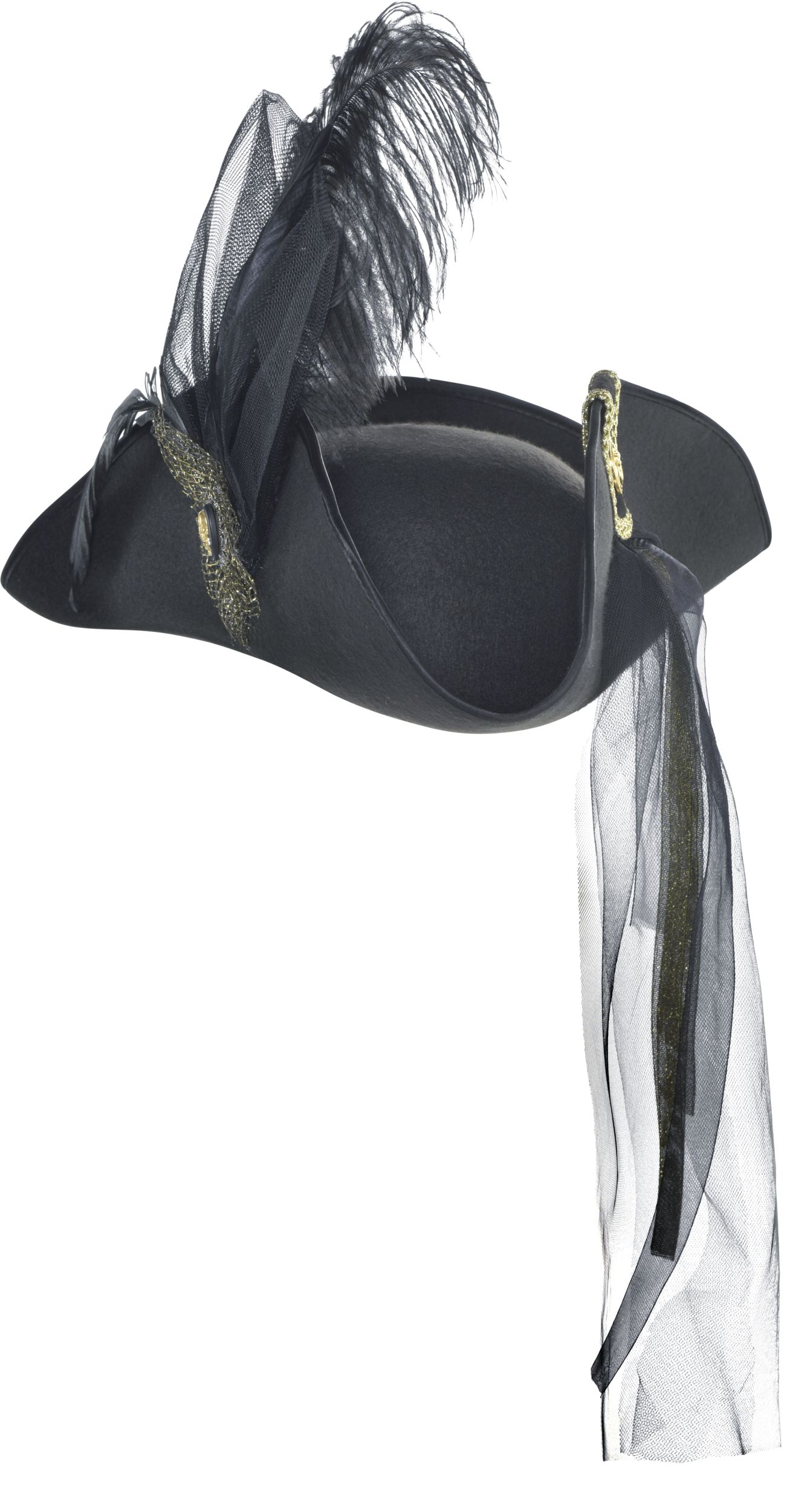 Tricorn Couture Pirate Hat with feather for Halloween Party, Black, Adult, One Size Front_Angled_Right