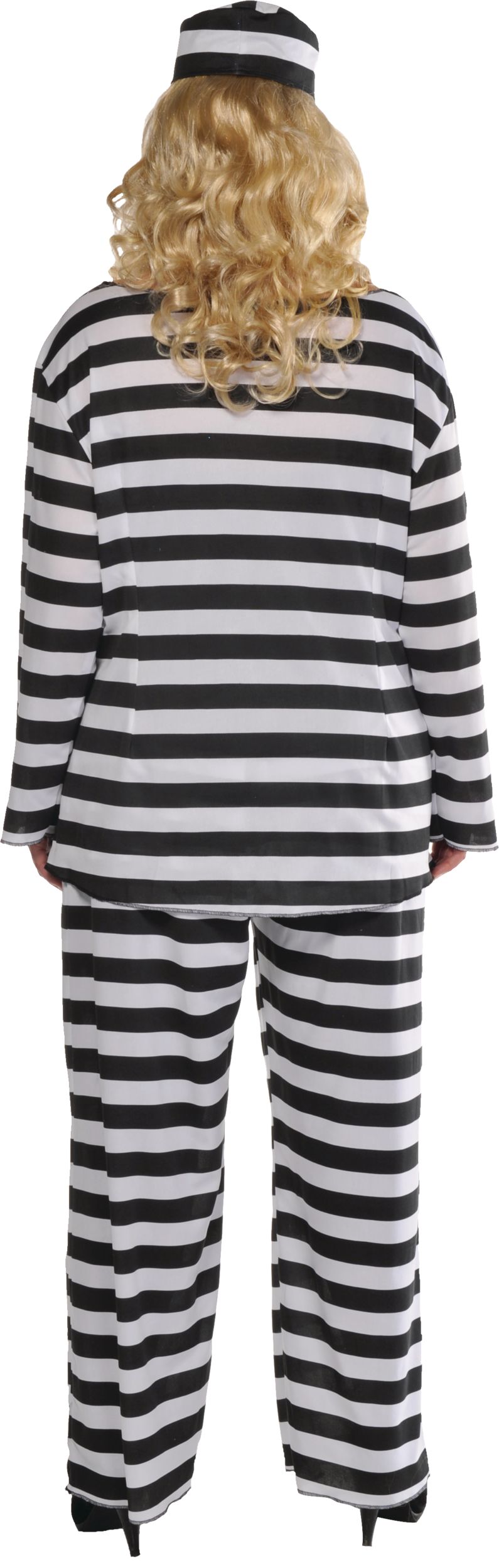 Costume de prisonnière pour femmes, tenue rayée noir/blanc avec chemise/pantalon/chapeau, grande taille Back_Flat