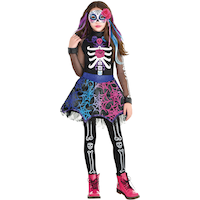Kids' La Muerte Day of the Dead Skeleton Black/Purple Dress with Tights Halloween Costume, Assorted Sizes Front_Flat