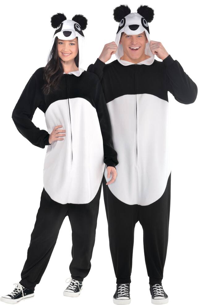 Adult  Panda Black/White Jumpsuit with Hood Halloween Costume, One Size Front_Flat