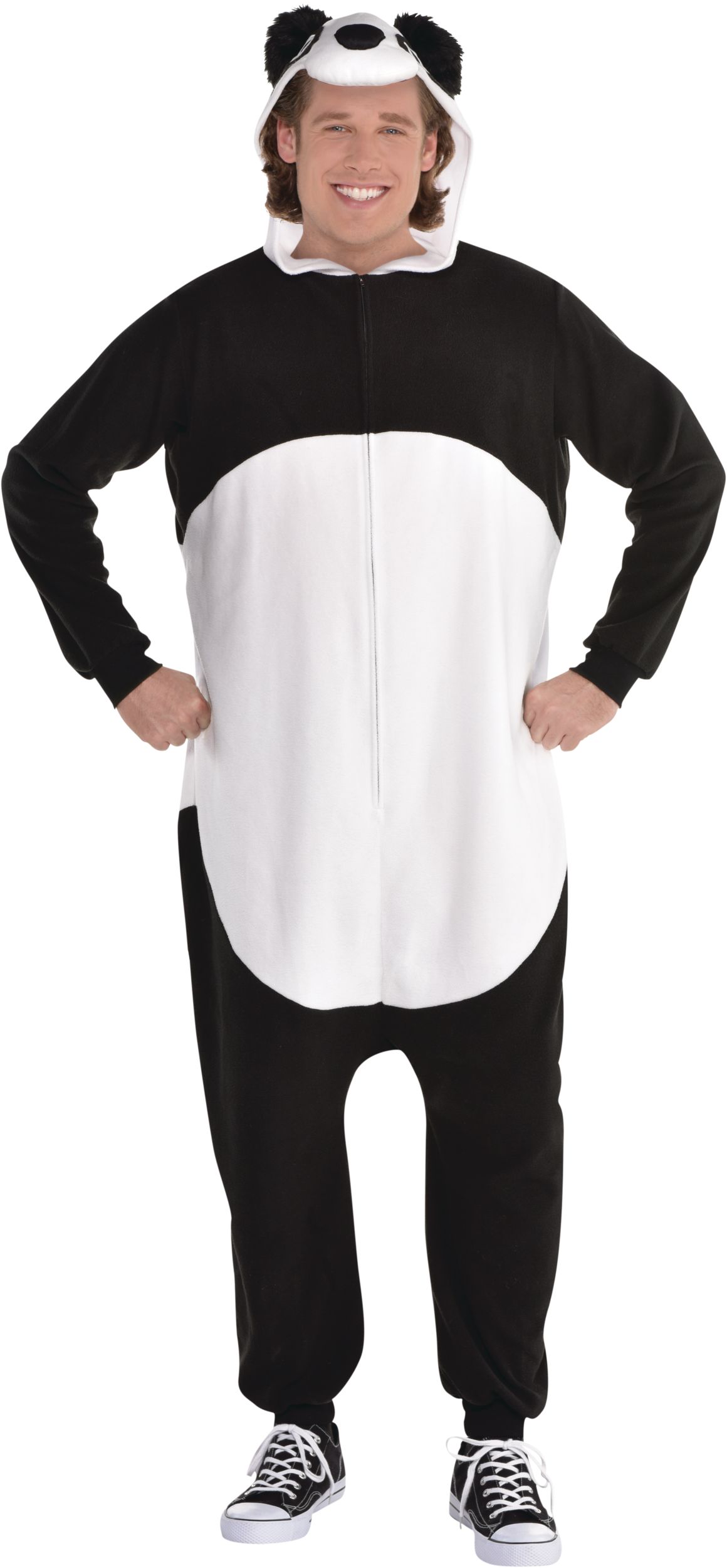 Adult  Panda Black/White Jumpsuit with Hood Halloween Costume, Plus Size Front_Flat