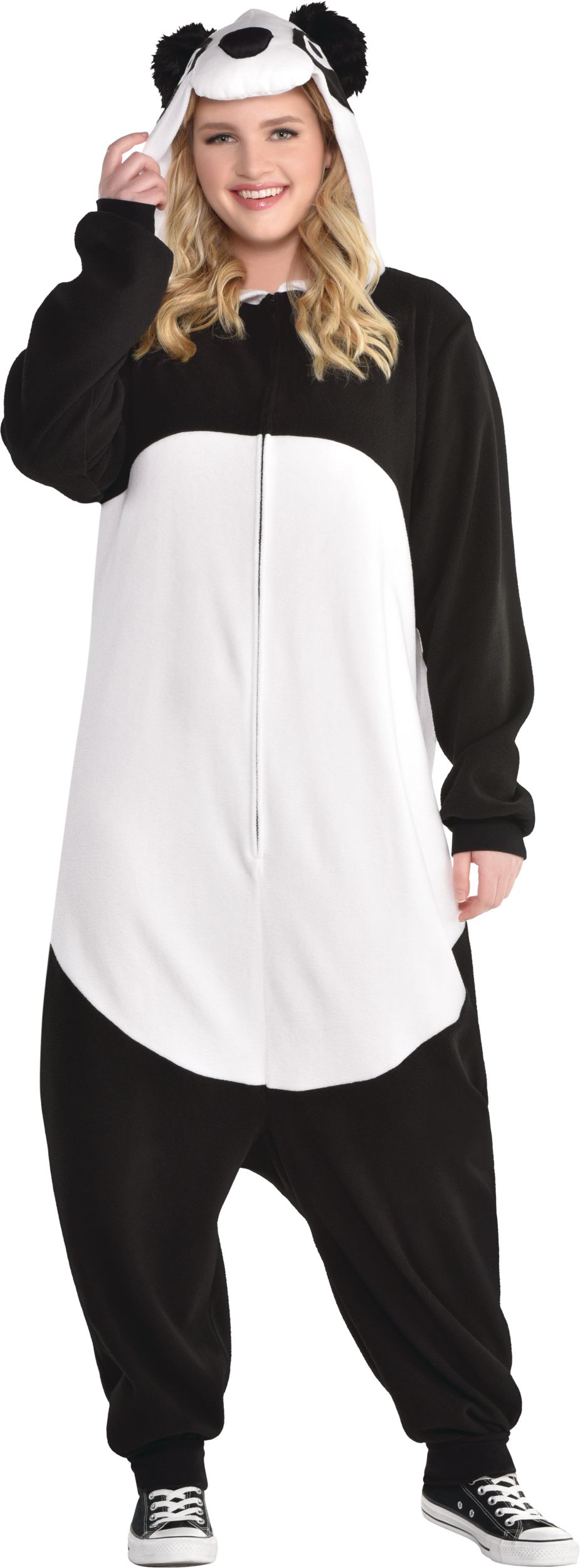 Adult  Panda Black/White Jumpsuit with Hood Halloween Costume, Plus Size Front_Flat