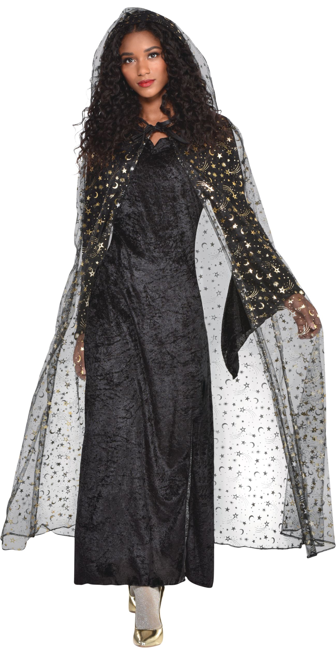 Adult Celestial Wizard Sheer Cape with Hood, Black Stars & Moons, One Size, Wearable Costume Accessory for Halloween Front_Angled_Right