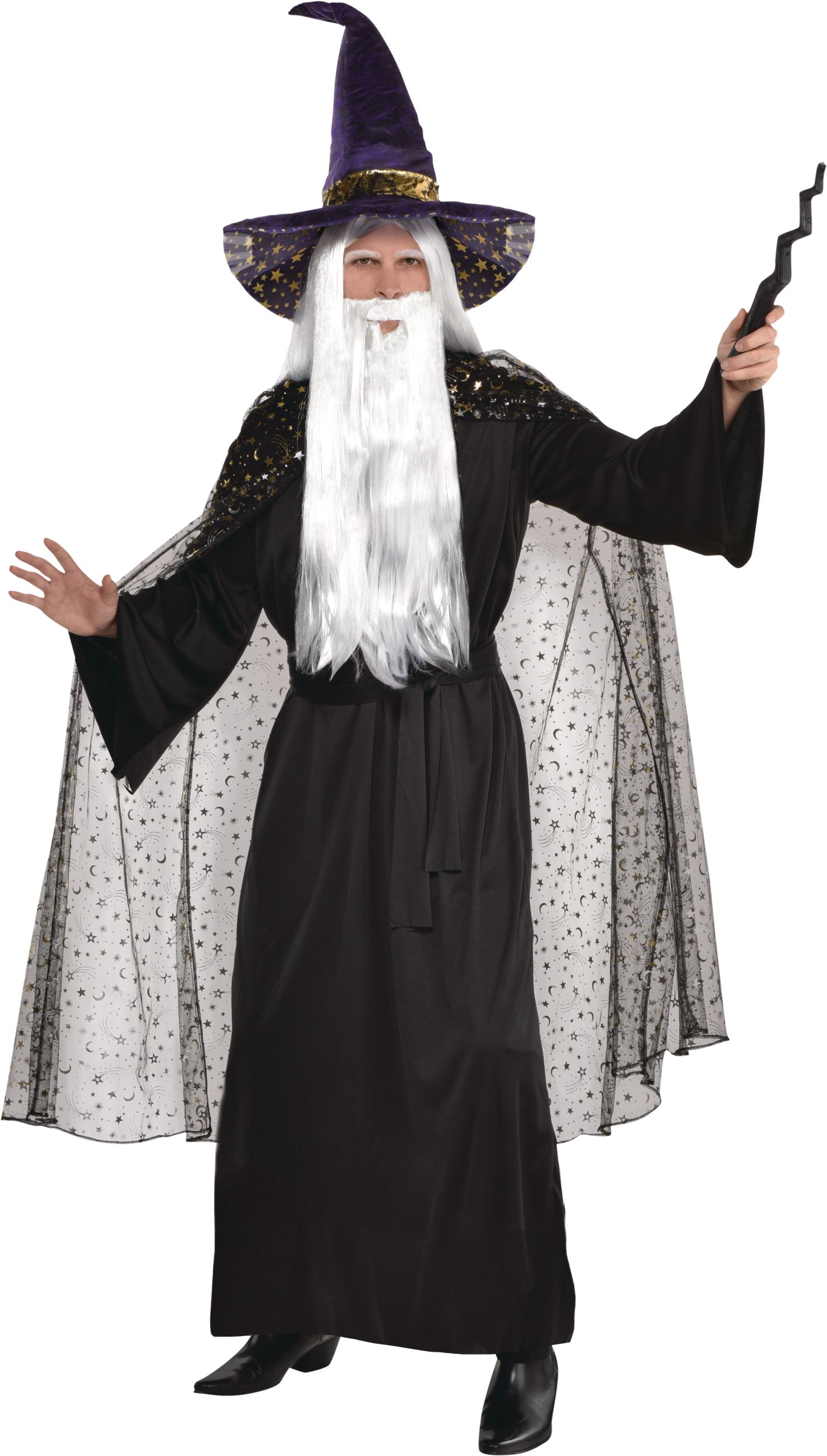 Adult Celestial Wizard Sheer Cape with Hood, Black Stars & Moons, One Size, Wearable Costume Accessory for Halloween Front_Angled_Right