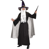 Cape diaphane de magicien céleste avec capuchon pour adulte, étoiles noires et lunes, taille unique, accessoire de costume à porter pour l'Halloween Front_Angled_Right