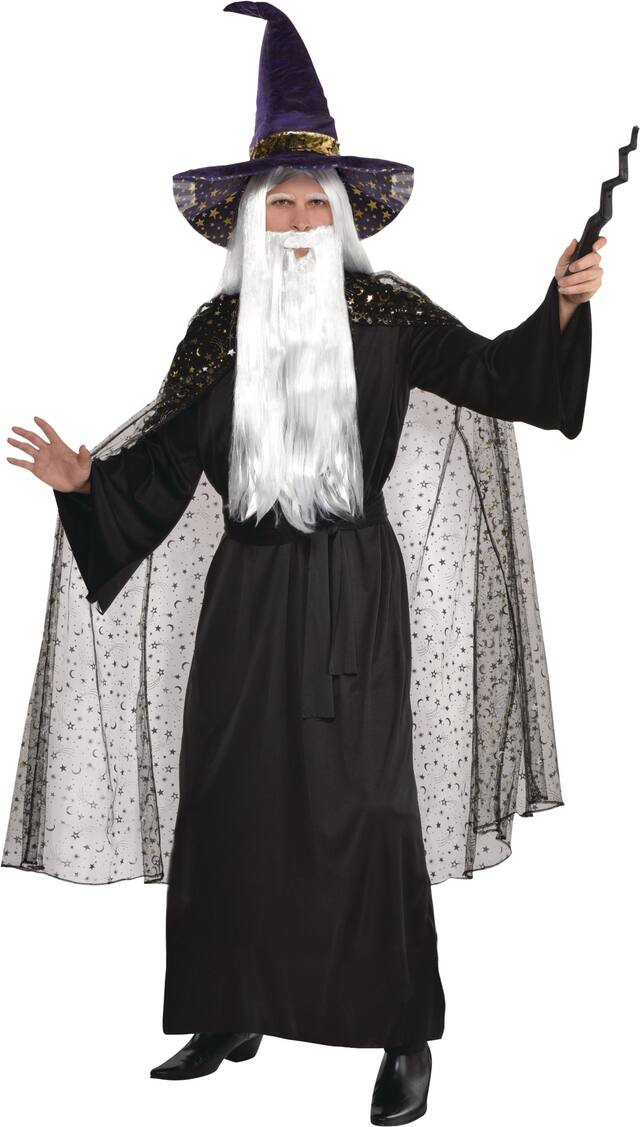 Adult Celestial Wizard Sheer Cape with Hood, Black Stars & Moons, One Size, Wearable Costume Accessory for Halloween Front_Angled_Right