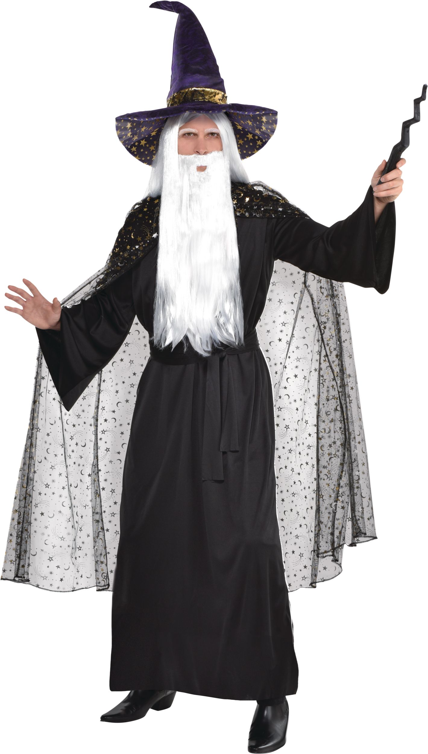 Adult Celestial Wizard Sheer Cape with Hood, Black Stars & Moons, One Size, Wearable Costume Accessory for Halloween Front_Angled_Right