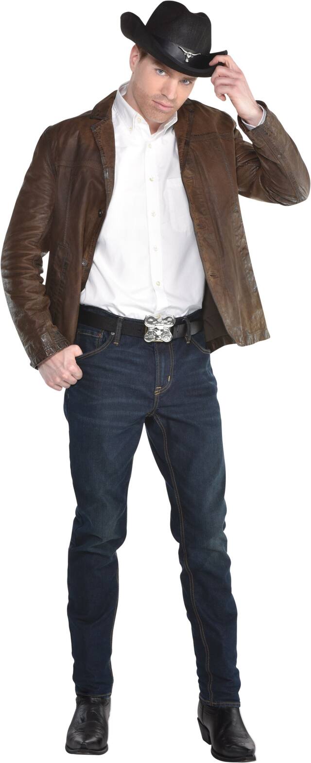 Western Cowboy Hat with Bull Head Pendant, Black/Silver, One Size, Wearable Costume Accessory for Halloween Front_Angled_Right