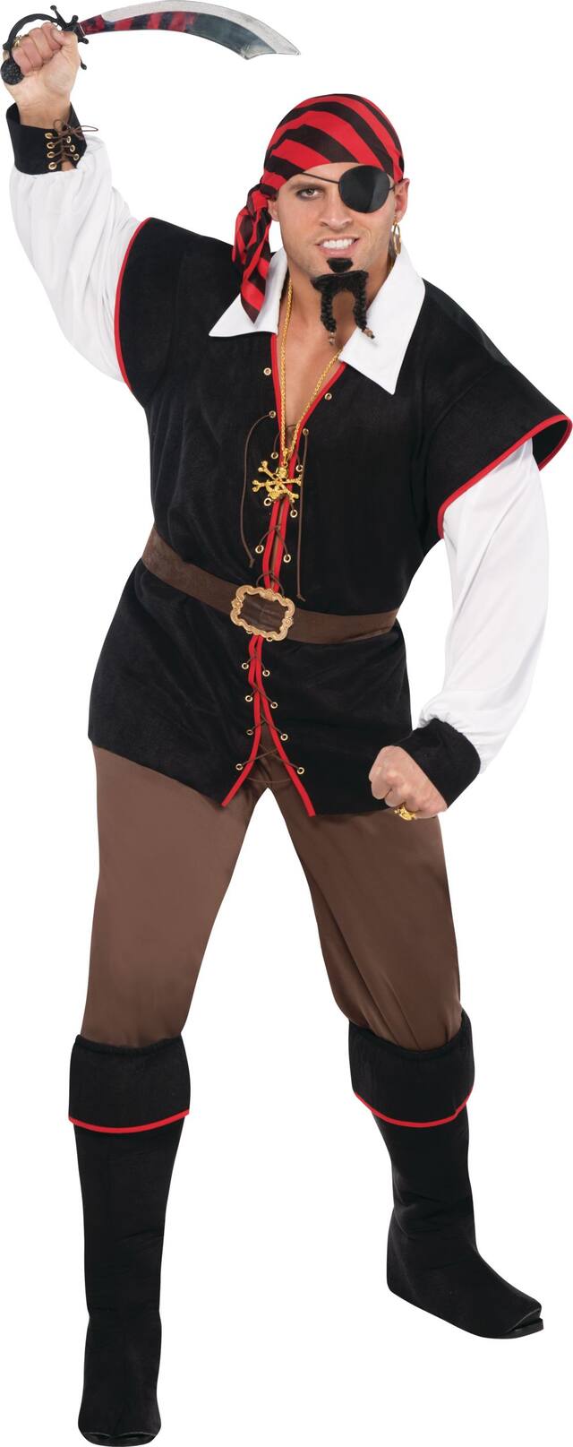 Costume de pirate, hommes, tenue noir/rouge avec chemise/pantalon/bandana/couvre-bottes, grande taille Front_Flat