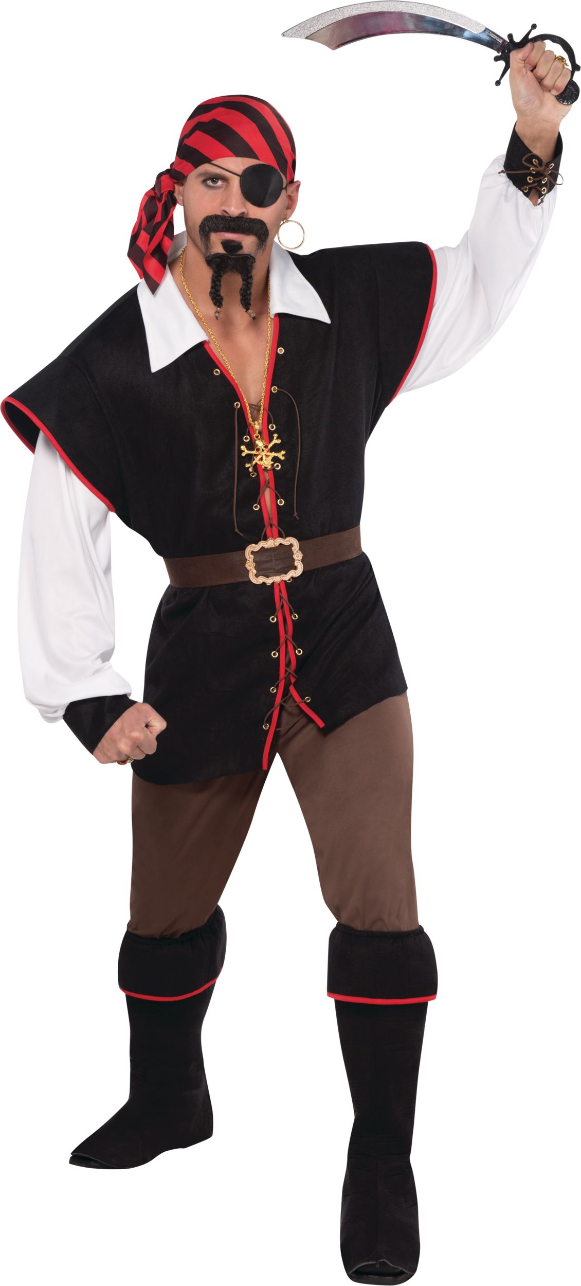 Men's Pirate Black/Red Outfit with Shirt/Pants/Bandana/Boot Covers Halloween Costume, One Size Front_Flat