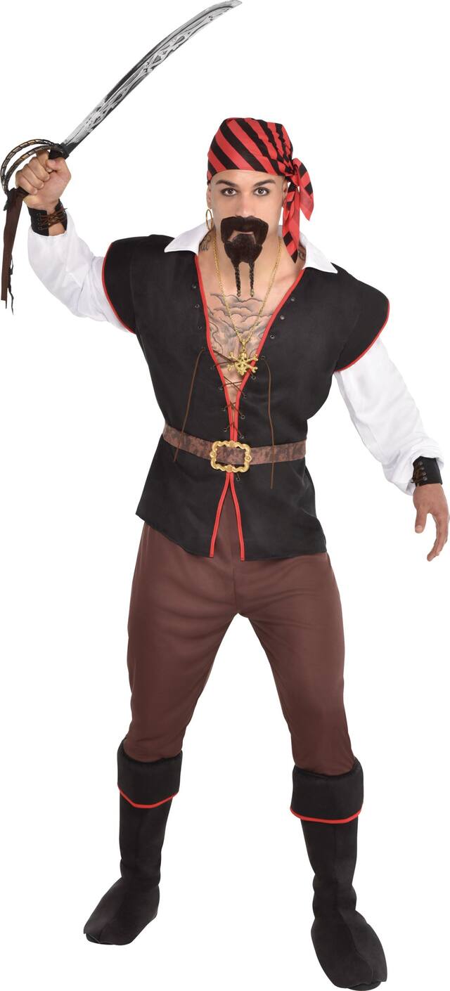 Men's Pirate Black/Red Outfit with Shirt/Pants/Bandana/Boot Covers Halloween Costume, One Size Front_Flat