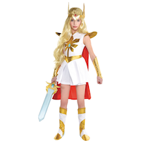 Costume de princesse guerrière mythique pour enfants, robe blanche/dorée avec serre-tête/cape/couvre-bottes, choix de tailles Front_Flat