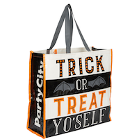 "Trick or Treat Yo'Self" Plastic Treat Bag, Black/Orange/White, 19-in, for Trick or Treating Front_Angled_Right