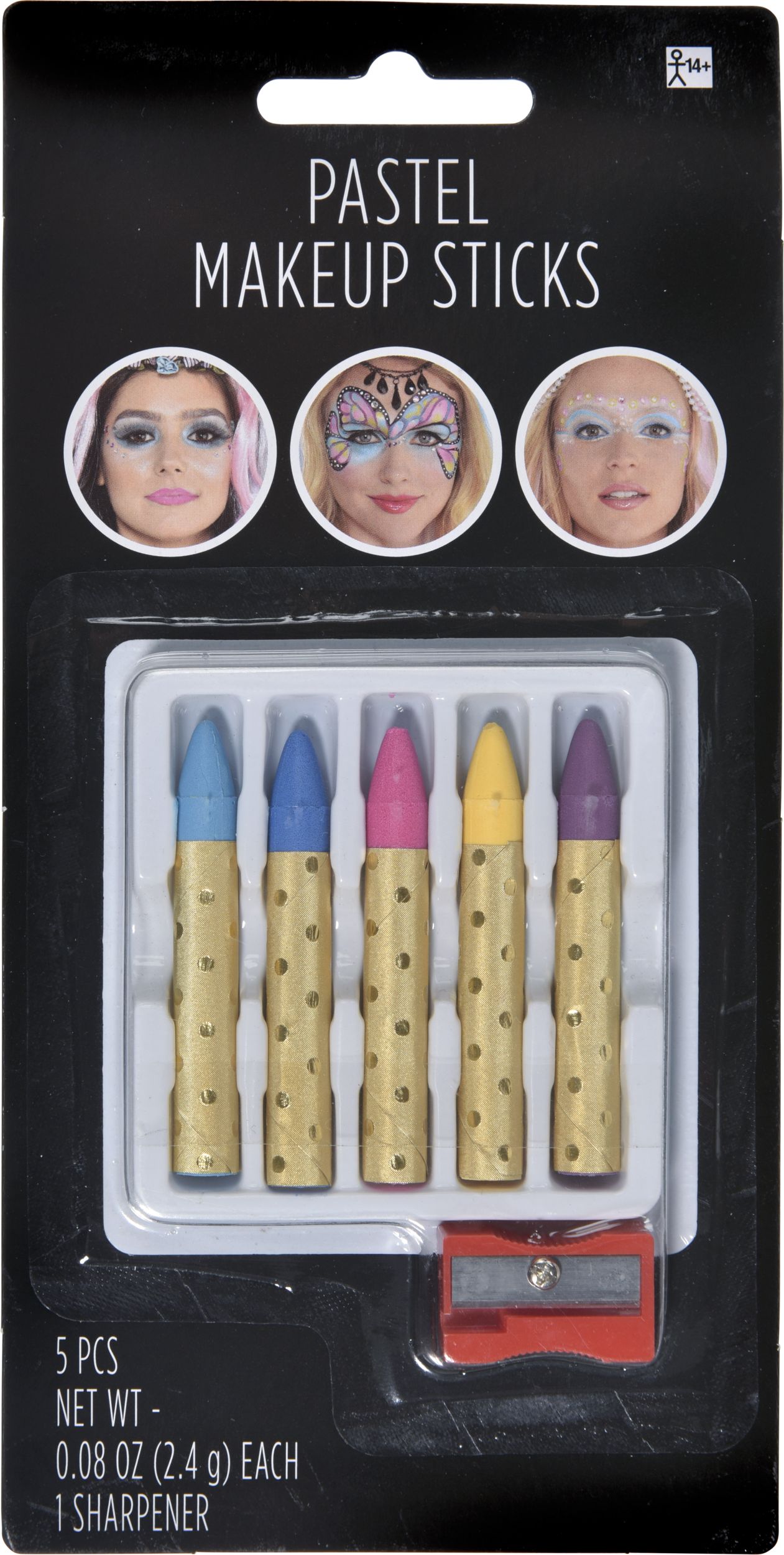 Pastel Face Makeup Crayon Sticks with Sharpener, Multi-Coloured, 2.4-g, 6-pk, Costume Accessories for Halloween Front_Flat