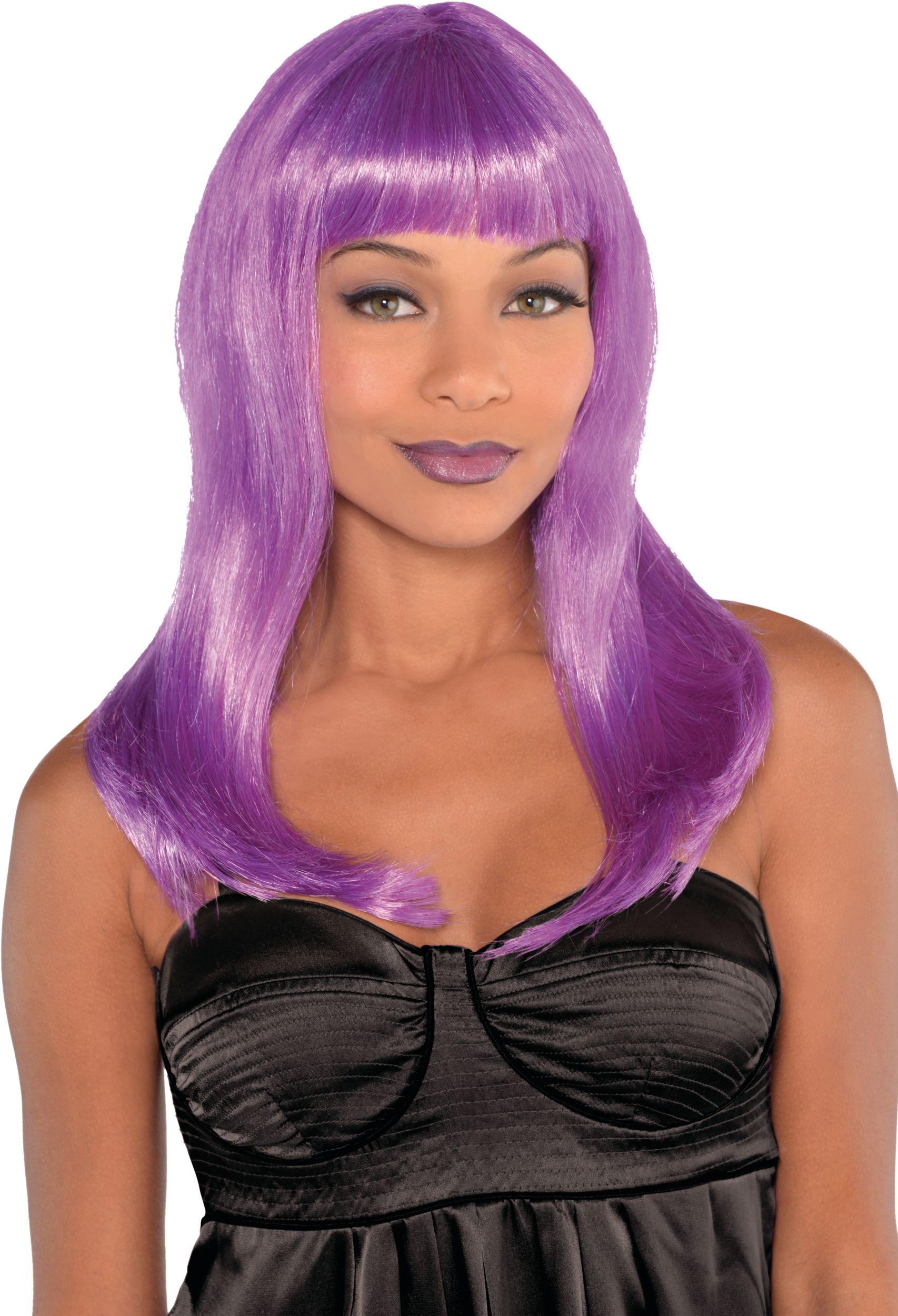 Long Straight Hair Wig with Bangs, Purple, One Size, Wearable Costume Accessory for Halloween Front_Flat