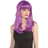 Long Straight Hair Wig with Bangs, Purple, One Size, Wearable Costume Accessory for Halloween Front_Angled_Right