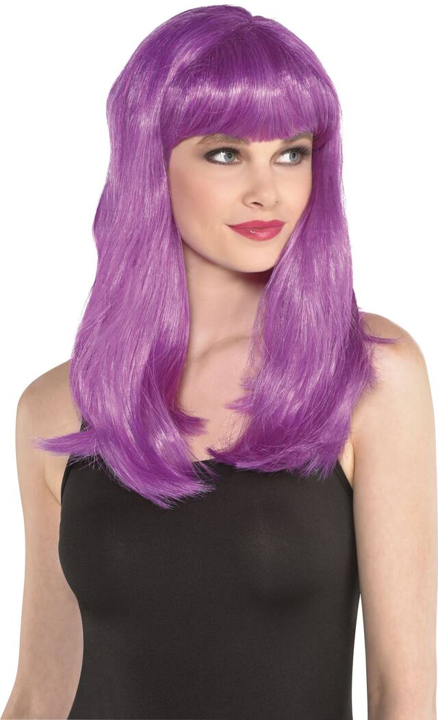 Long Straight Hair Wig with Bangs, Purple, One Size, Wearable Costume Accessory for Halloween Front_Angled_Right
