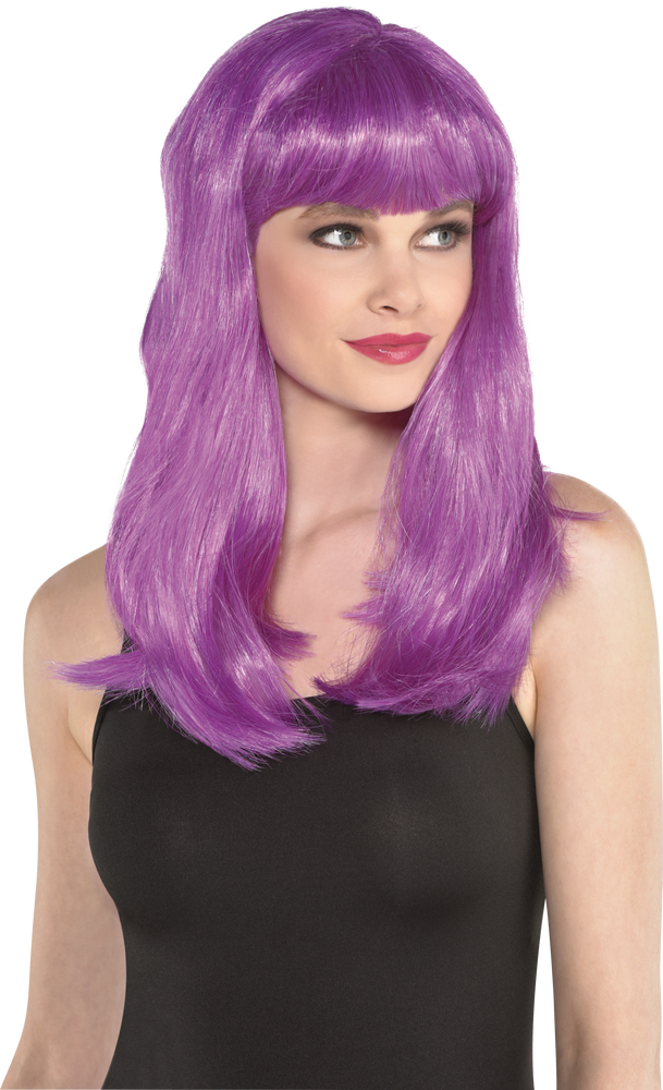 Long Straight Hair Wig With Bangs Purple One Size Wearable Costume Accessory For Halloween