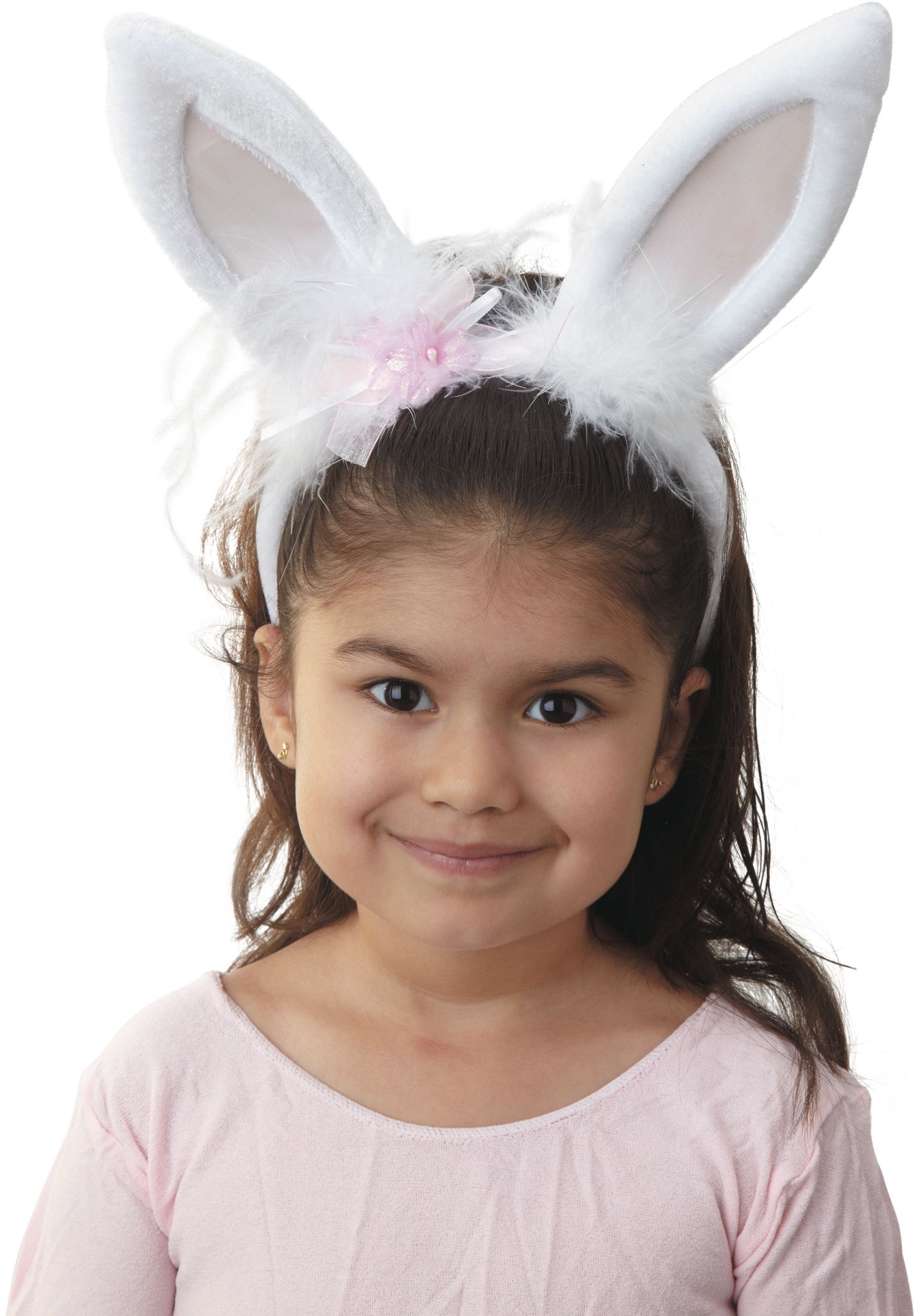 Marabou Bunny Ears with Bow Headband, White/Pink, One Size, Wearable Costume Accessory for Halloween Front_Elevated