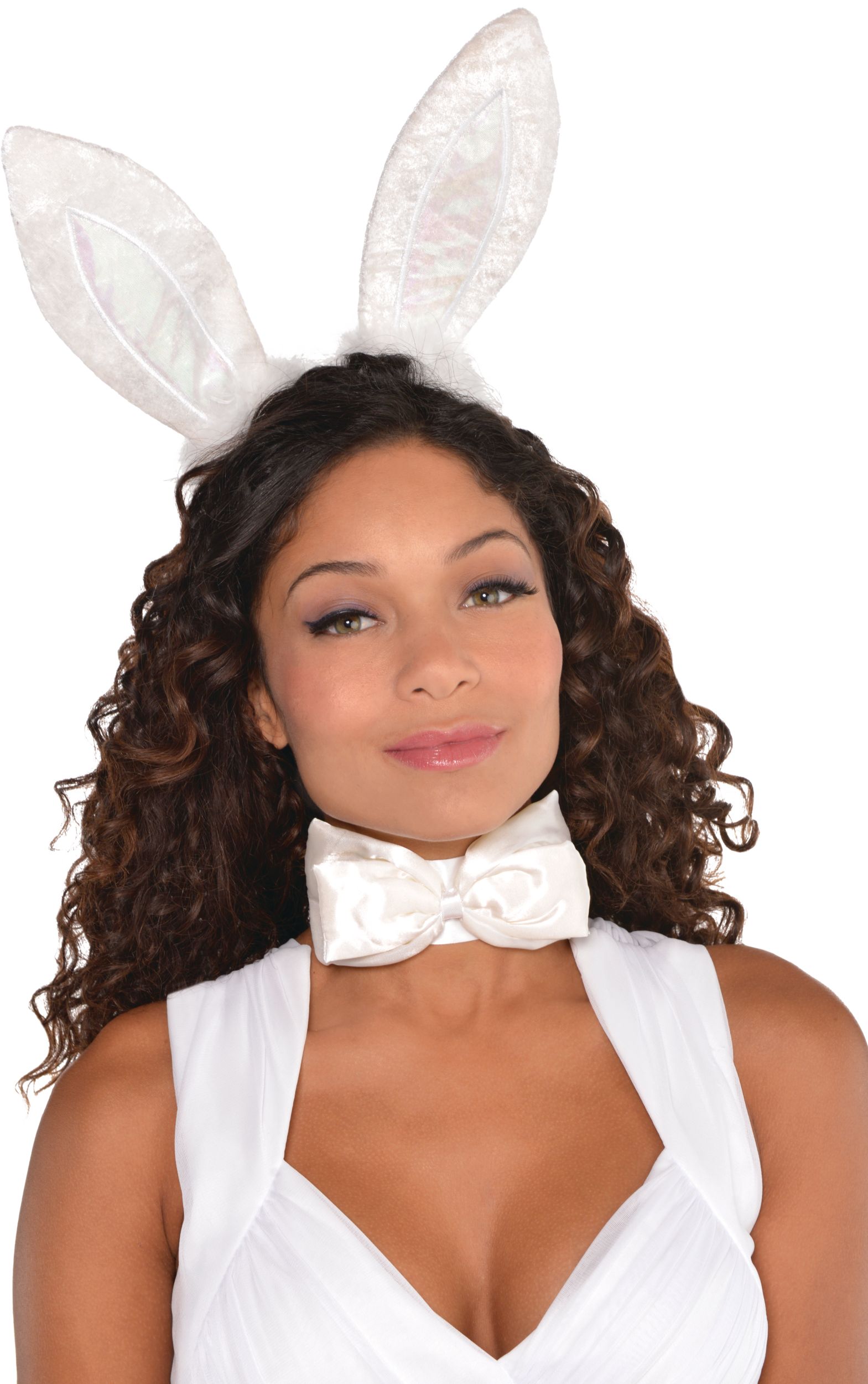Marabou Bunny Ears with Bow Headband, White/Pink, One Size, Wearable Costume Accessory for Halloween Front_Flat
