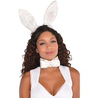 Marabou Bunny Ears with Bow Headband, White/Pink, One Size, Wearable Costume Accessory for Halloween Front_Flat