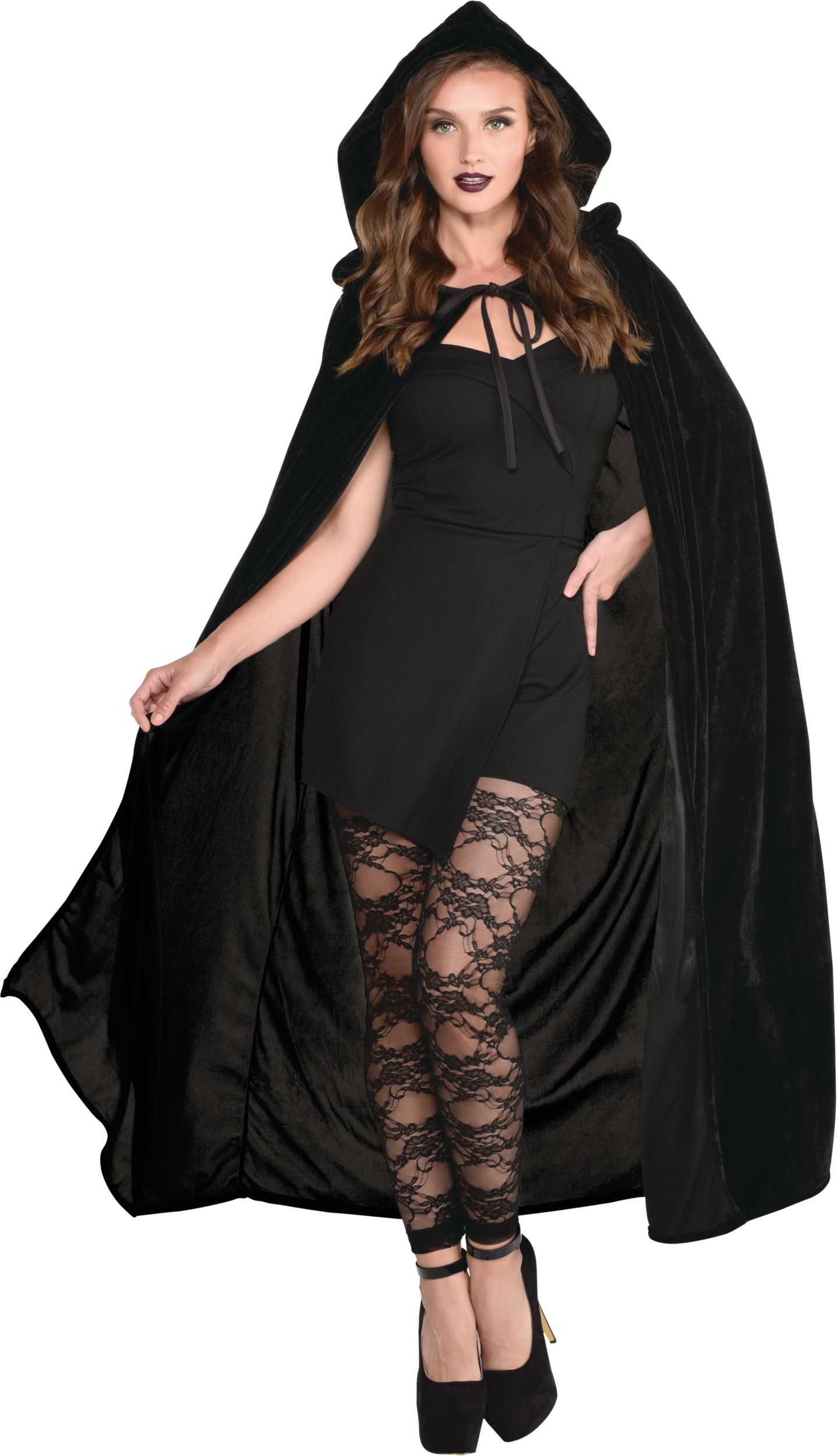 Adult Velvet Cloak with Hood, Black, One Size, Wearable Costume Accessory for Halloween Front_Flat