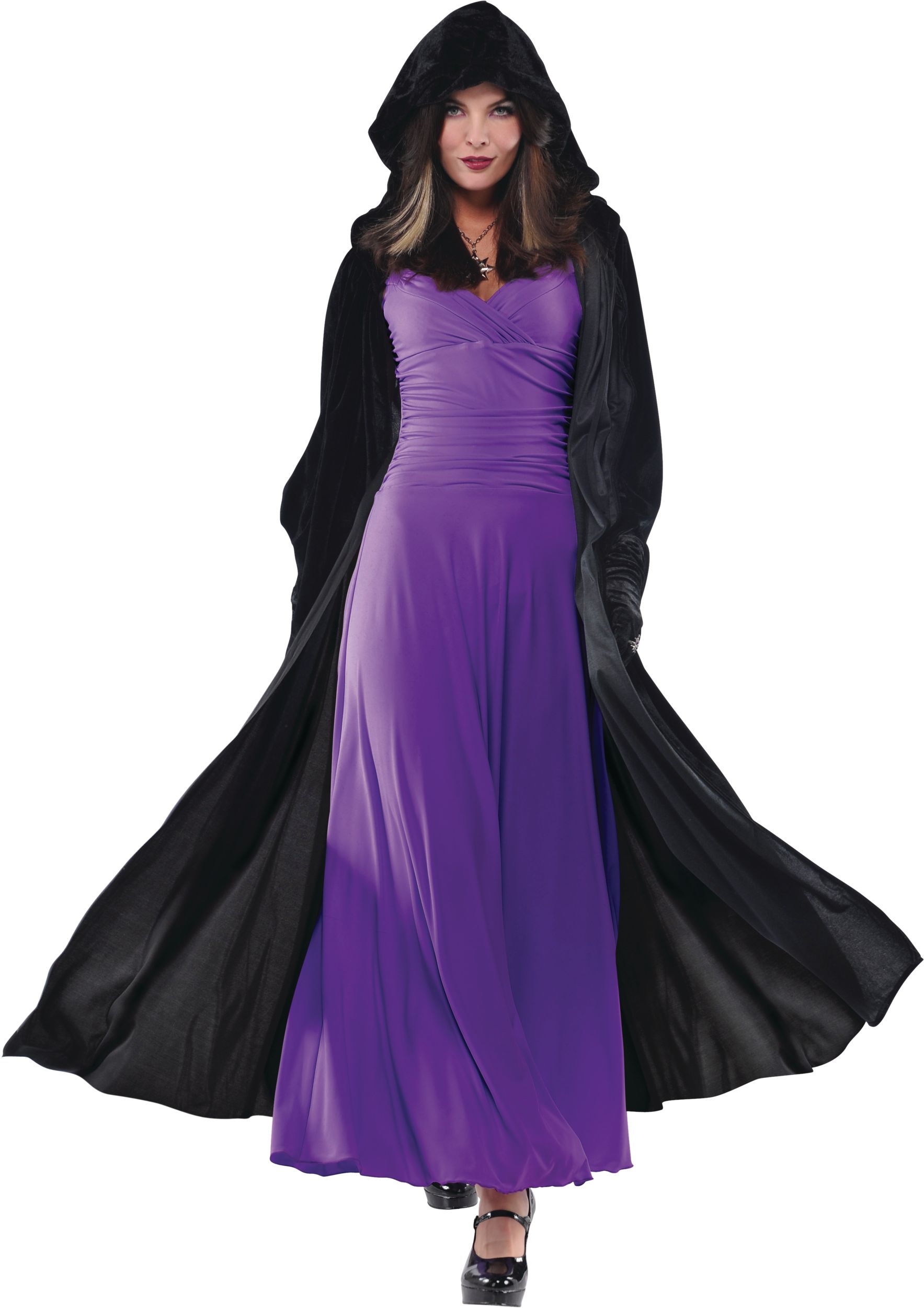 Adult Velvet Cloak with Hood, Black, One Size, Wearable Costume Accessory for Halloween Front_Flat