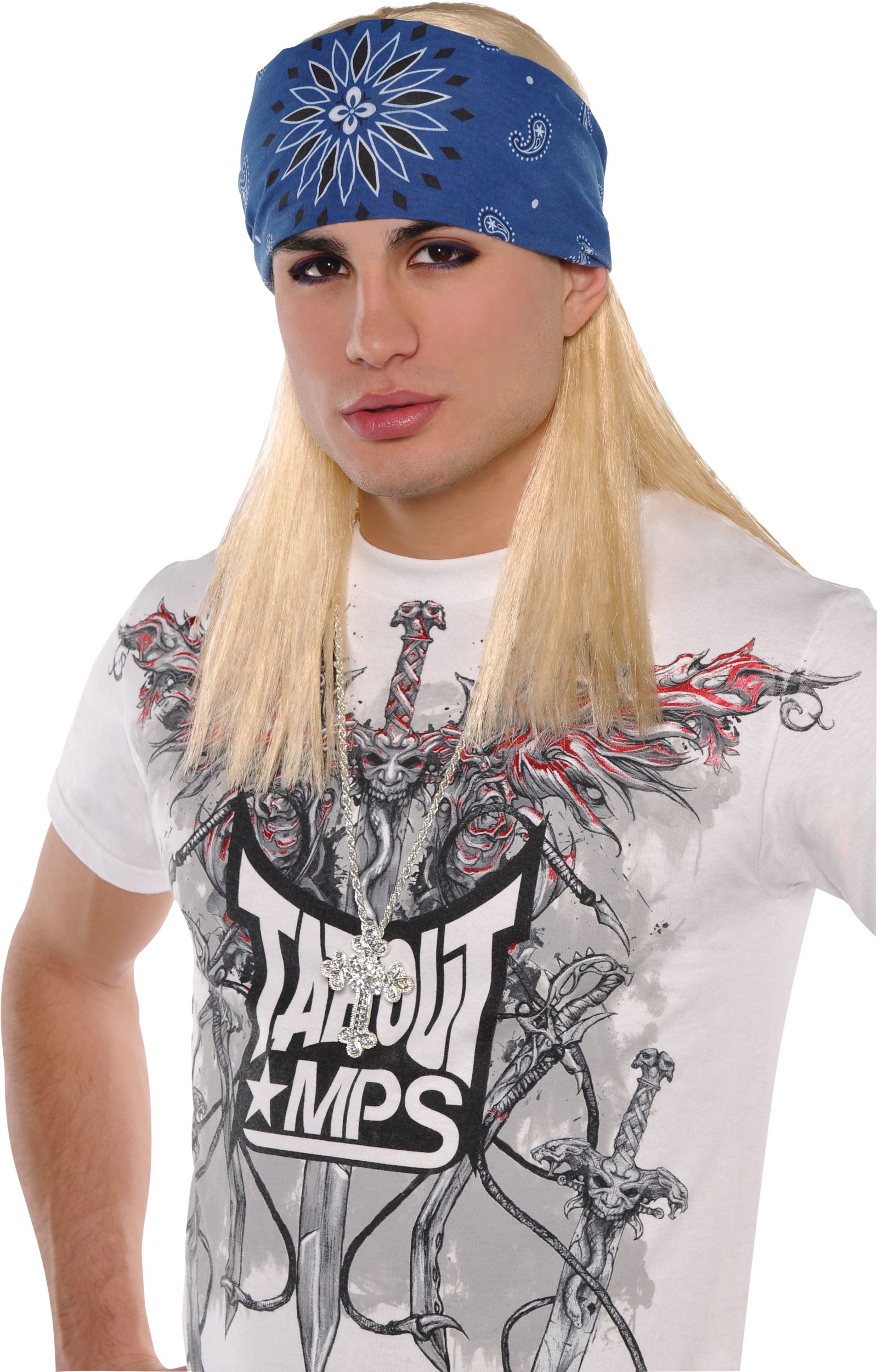 Love of Rock Straight Long Hair Wig with Bandana, Blonde/Blue, One Size, Wearable Costume Accessory for Halloween Front_Angled_Left