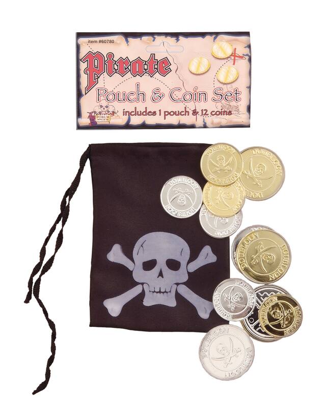 Ensemble de bourse et de pièces, pirate tête-de-mort, noir/doré, taille unique, paq. 13, accessoires de costume portables pour l'Halloween Front_Flat