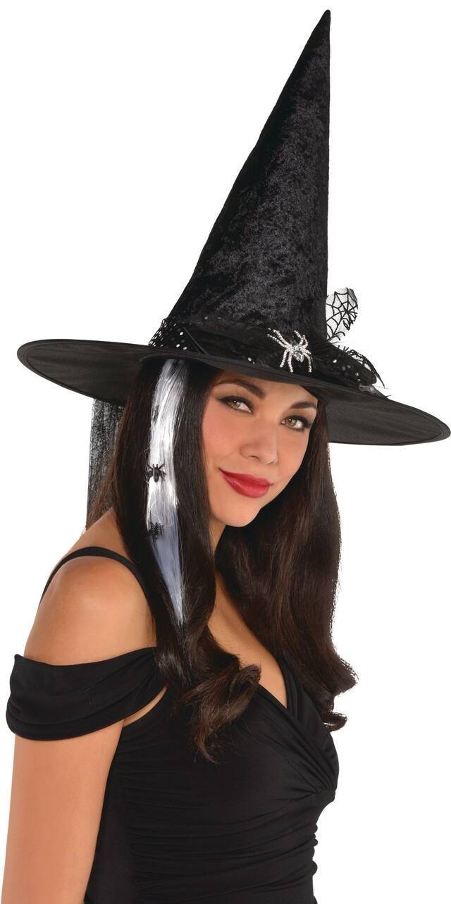Witch Fancy Pointy Hat with Spiderweb Veil, Black, One Size, Wearable Costume Accessory for Halloween Front_Angled_Right