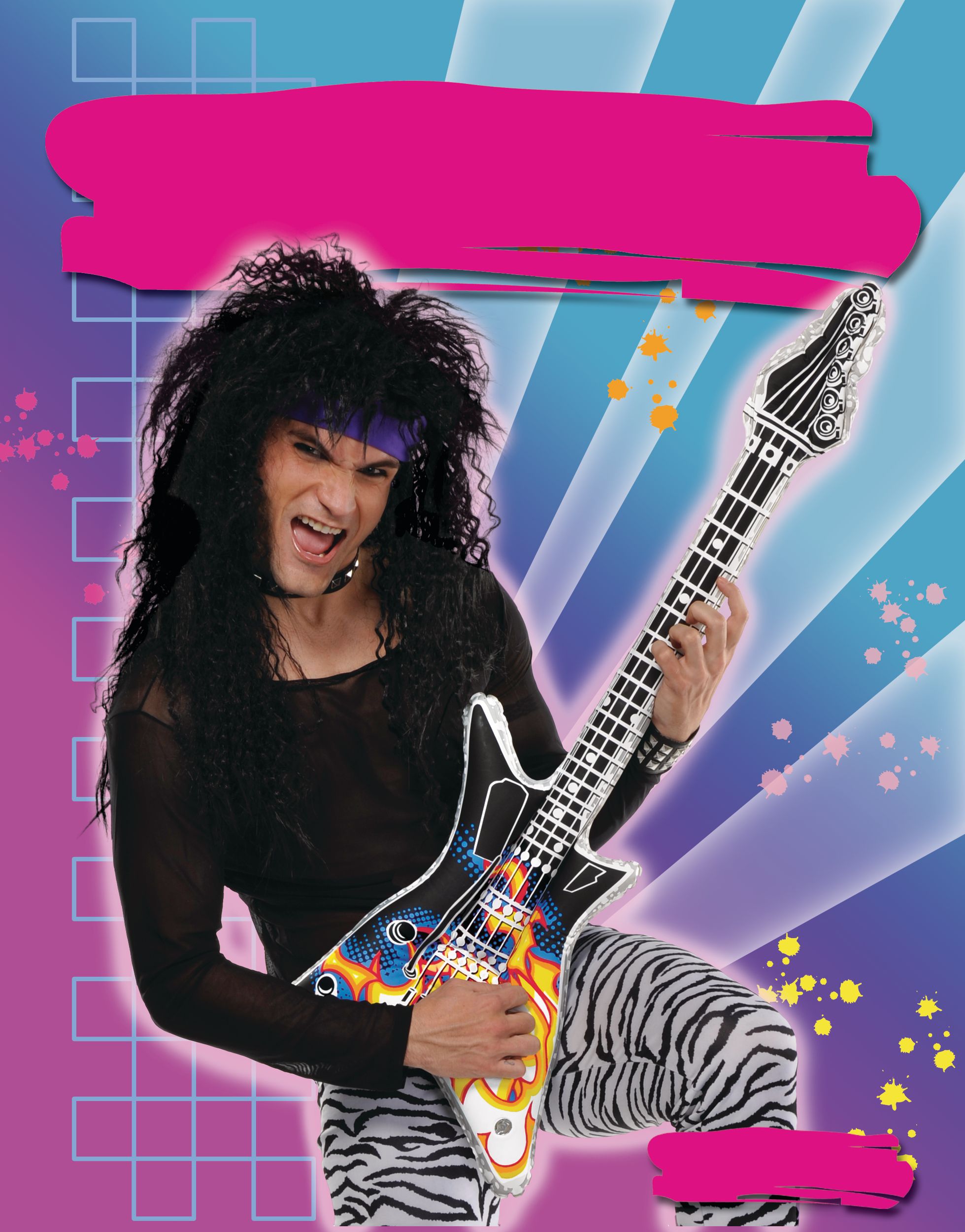 1980s Inflatable Flame Print Guitar, Multi-Coloured, One Size, Wearable Costume Prop for Halloween Front_Flat