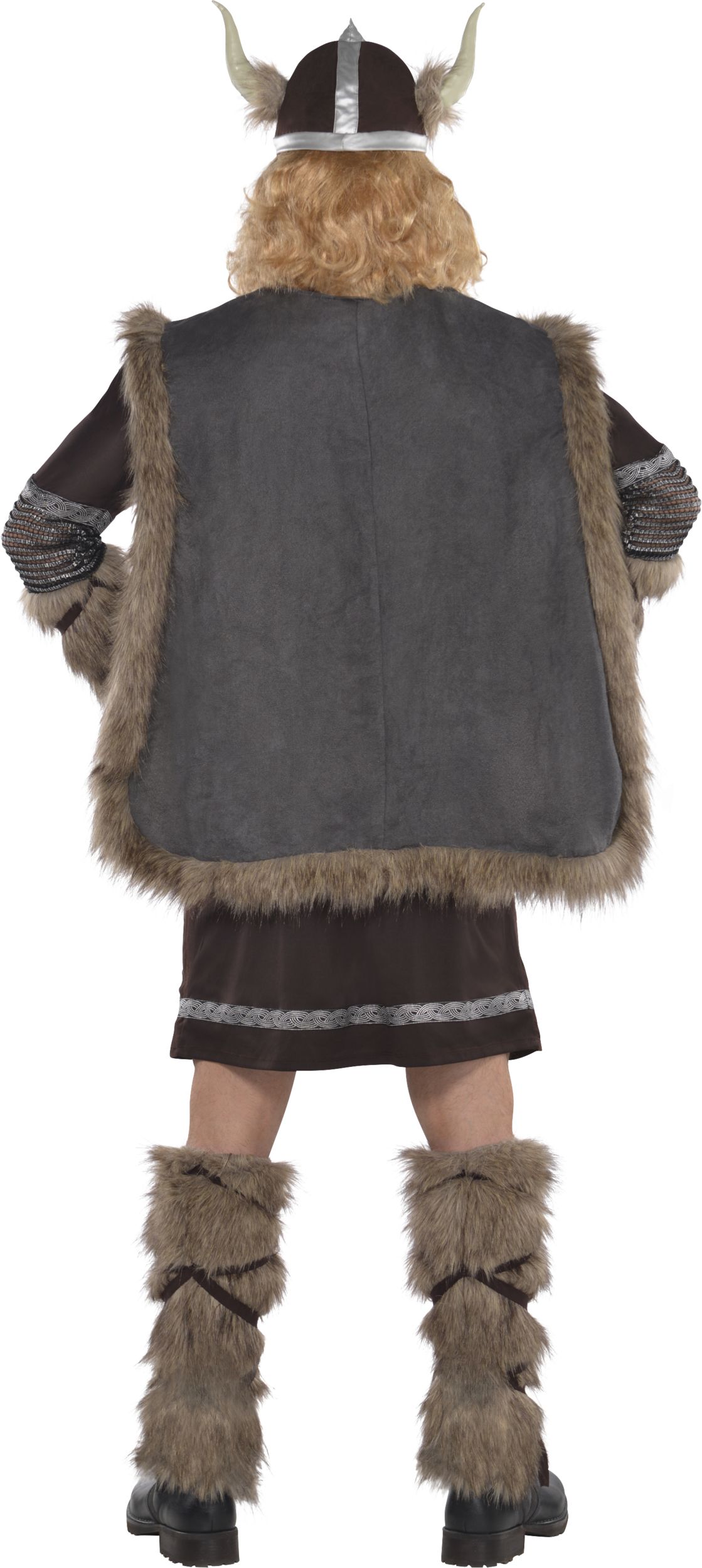 Men's Viking Warrior Brown Tunic with Hat & Larg WarmersHalloween Costume, One Size Back_Flat