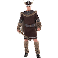 Men's Viking Warrior Brown Tunic with Hat & Larg WarmersHalloween Costume, One Size Front_Flat