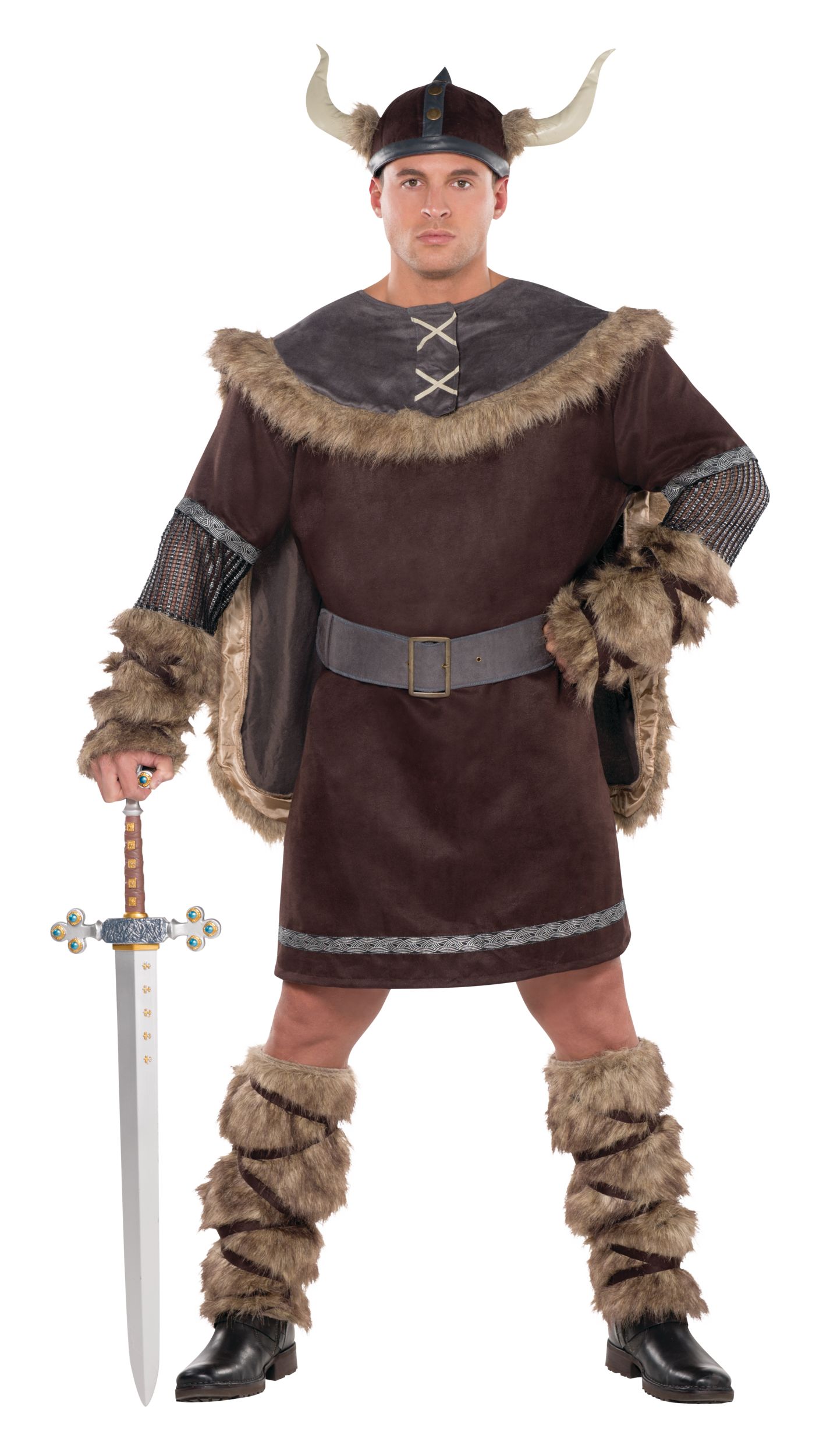 Men's Viking Warrior Brown Tunic with Hat & Leg Warmers Halloween ...