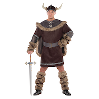 Men's Viking Warrior Brown Tunic with Hat & Leg Warmers Halloween Costume, Plus Size Front_Flat