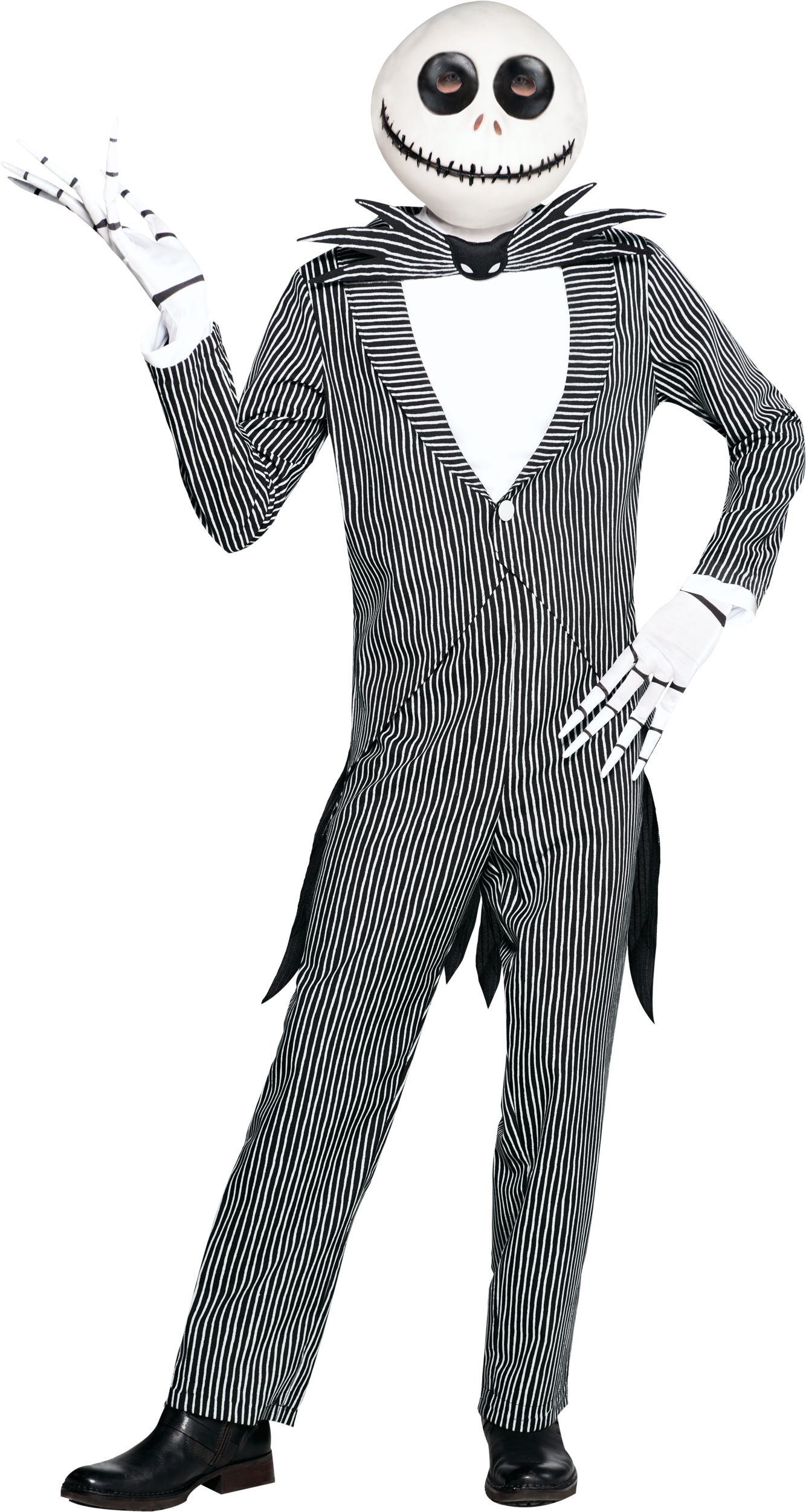 Men's Disney The Nightmare Before Christmas Jack Skellington Black/White Pinstripe Jumpsuit with Mask Halloween Costume, One Size Front_Flat