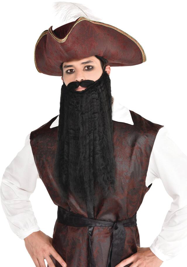 Pirate Long Hair Facial Hair Beard, Black, One Size, Wearable Costume Accessory for Halloween Front_Angled_Left