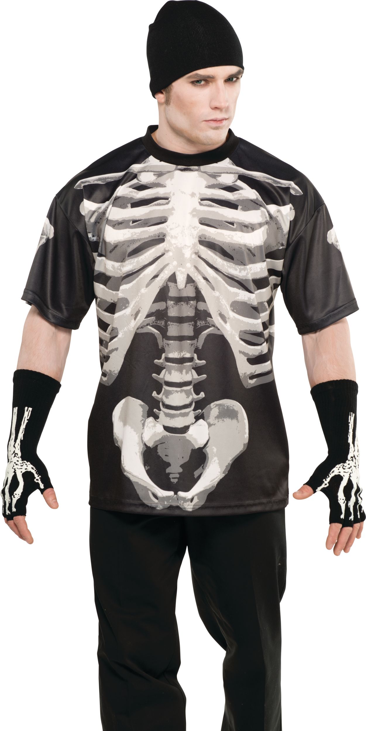 T-shirt à motif de côtes squelettes pour adulte, noir/blanc, taille universelle, accessoire de costume portable pour l'Halloween Front_Flat