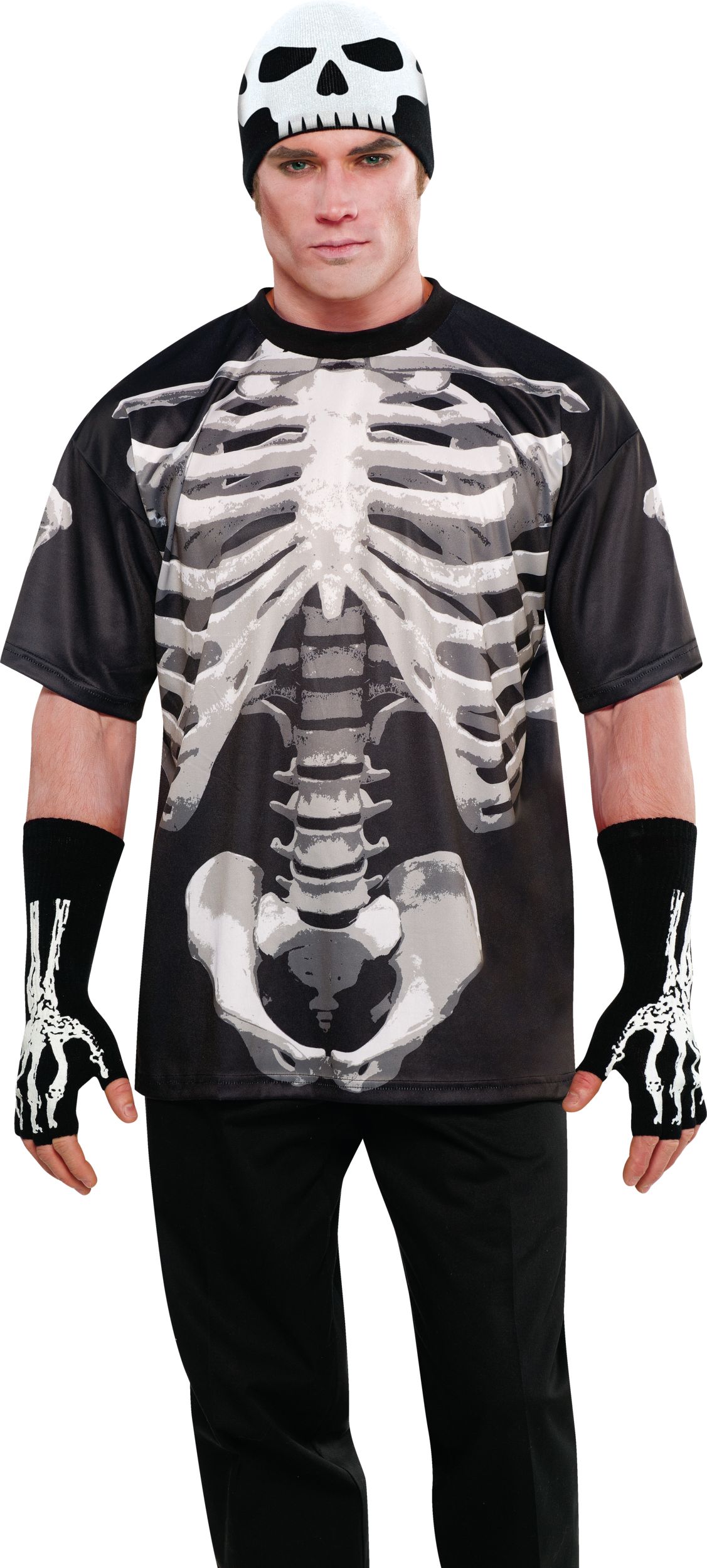 T-shirt à motif de côtes squelettes pour adulte, noir/blanc, taille universelle, accessoire de costume portable pour l'Halloween Front_Flat
