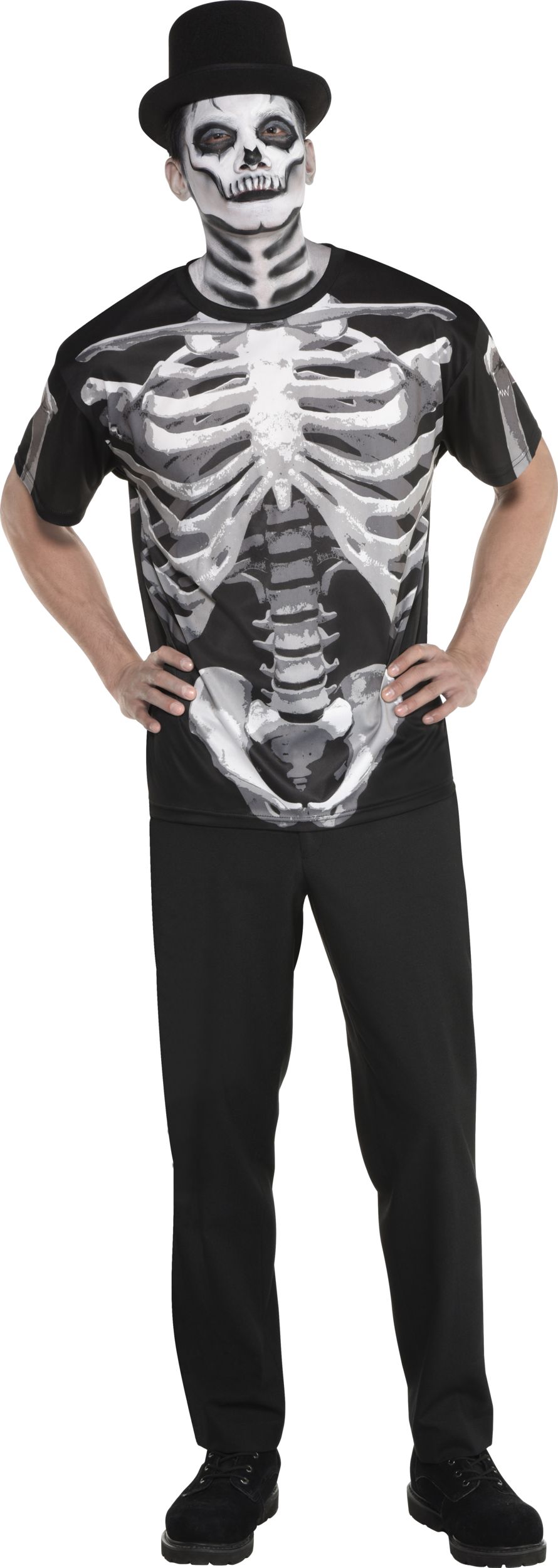 T-shirt à motif de côtes squelettes pour adulte, noir/blanc, taille universelle, accessoire de costume portable pour l'Halloween Front_Flat