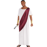 Men's Augustus Caesar White/Maroon Toga with Cuffs & Headband Halloween Costume Front_Angled_Left