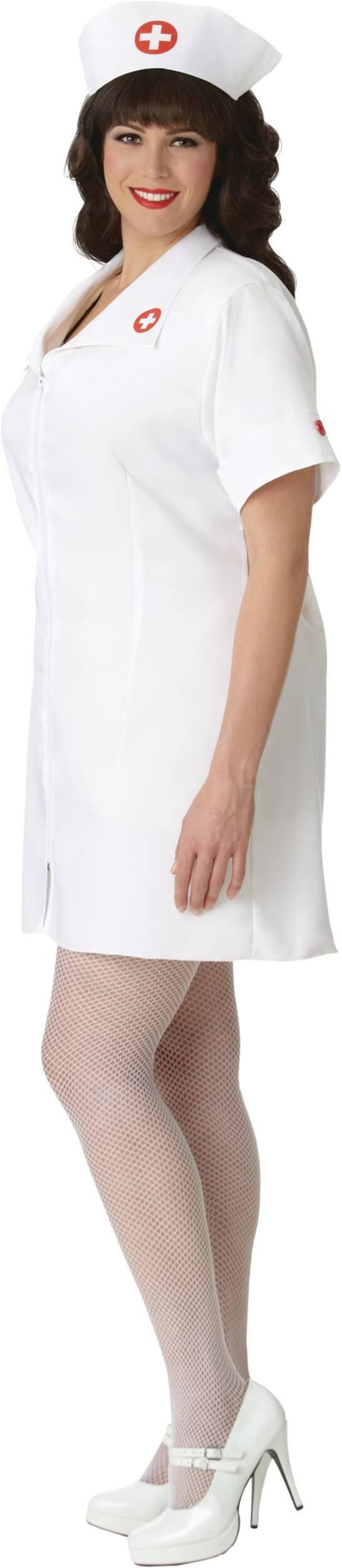 Women's Nurse White Dress with Hat Halloween Costume, Plus Size Front_Angled_Left