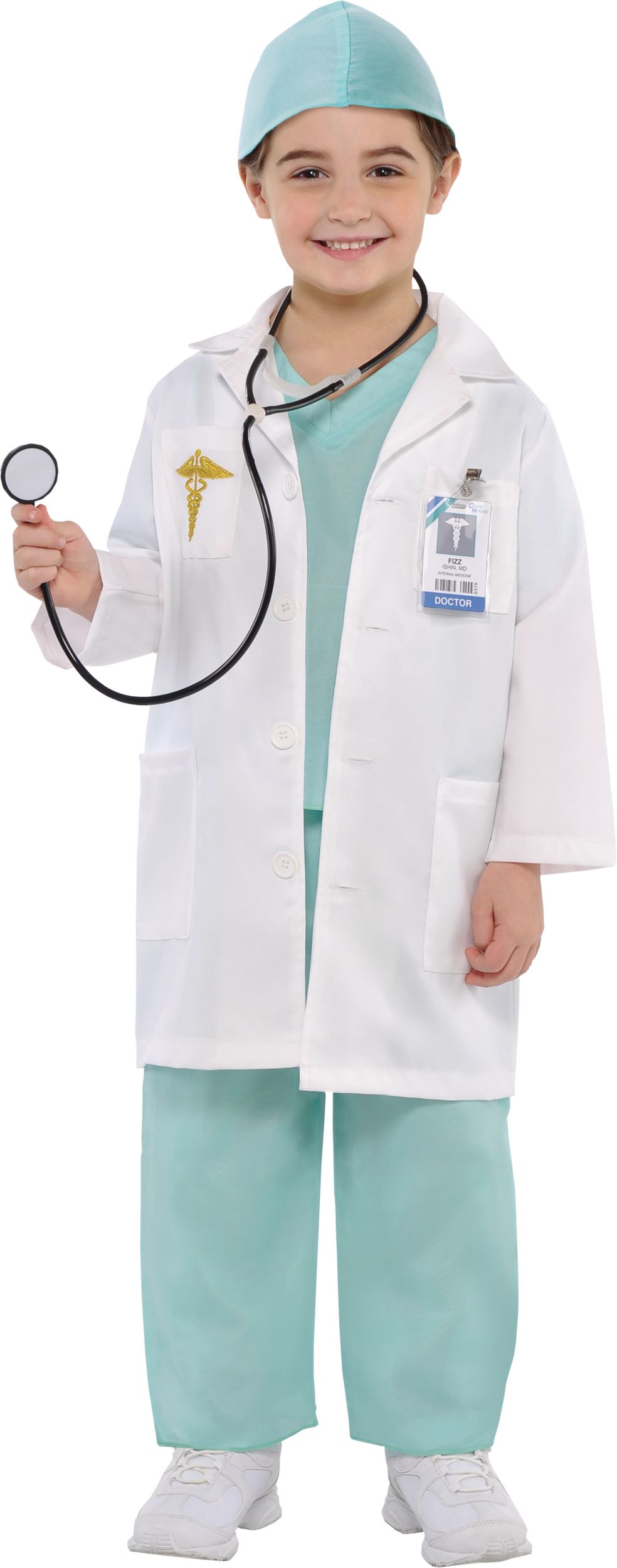 Kids' Doctor White & Teal Scrubs with Shirt & Pants Halloween Costume, Assorted Sizes Front_Flat