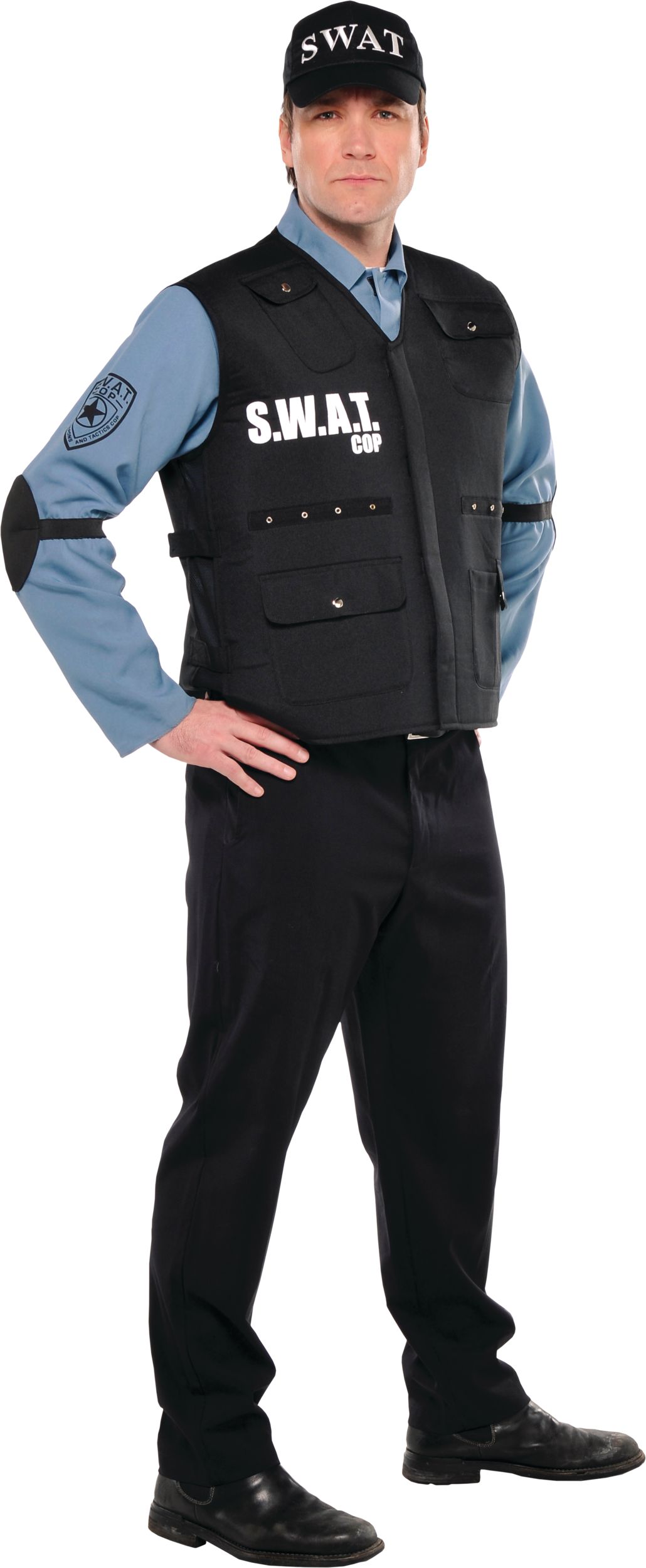 Men's S.W.A.T Officer Black Outfit with Vest & Hat Halloween Costume, Assorted Sizes Front_Angled_Right
