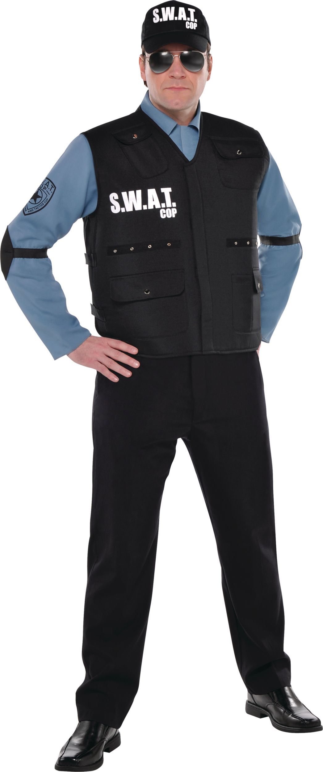 Men's S.W.A.T Officer Black Outfit with Vest & Hat Halloween Costume, Assorted Sizes Front_Three_Fourths_Angled_Right